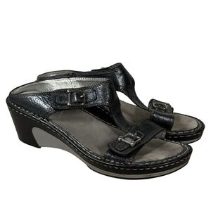 Alegria Lara Black Leather Wedge T-Strap Sandals Buckle Slide EU 38‎ US 7.5-8